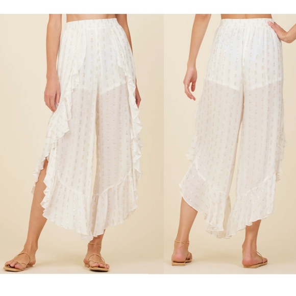 NEW SURF GYPSY White Clipped Metallic Ruffle Pants Boho Chic White w gold M - Picture 1 of 14